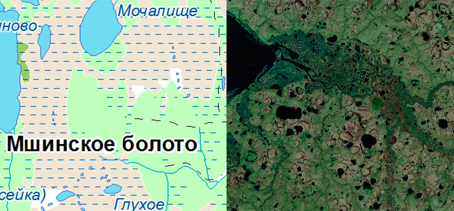 Обозначение болот — на карте (слева), на спутниковом снимке (справа)